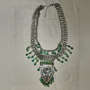 Silver And Green Color Statement Necklace